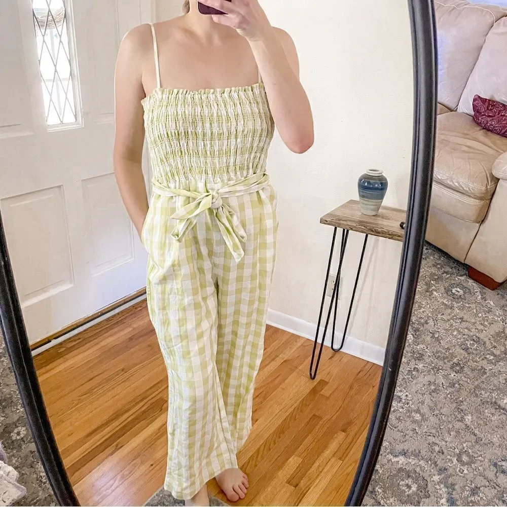 House Of Harlow Linen Gingham Smocked Jumpsuit Lime Green